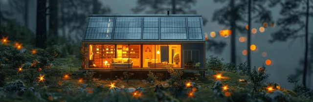 A solar smart home at dusk with warm lit windows and an infographic overlay showing battery and energy flow.