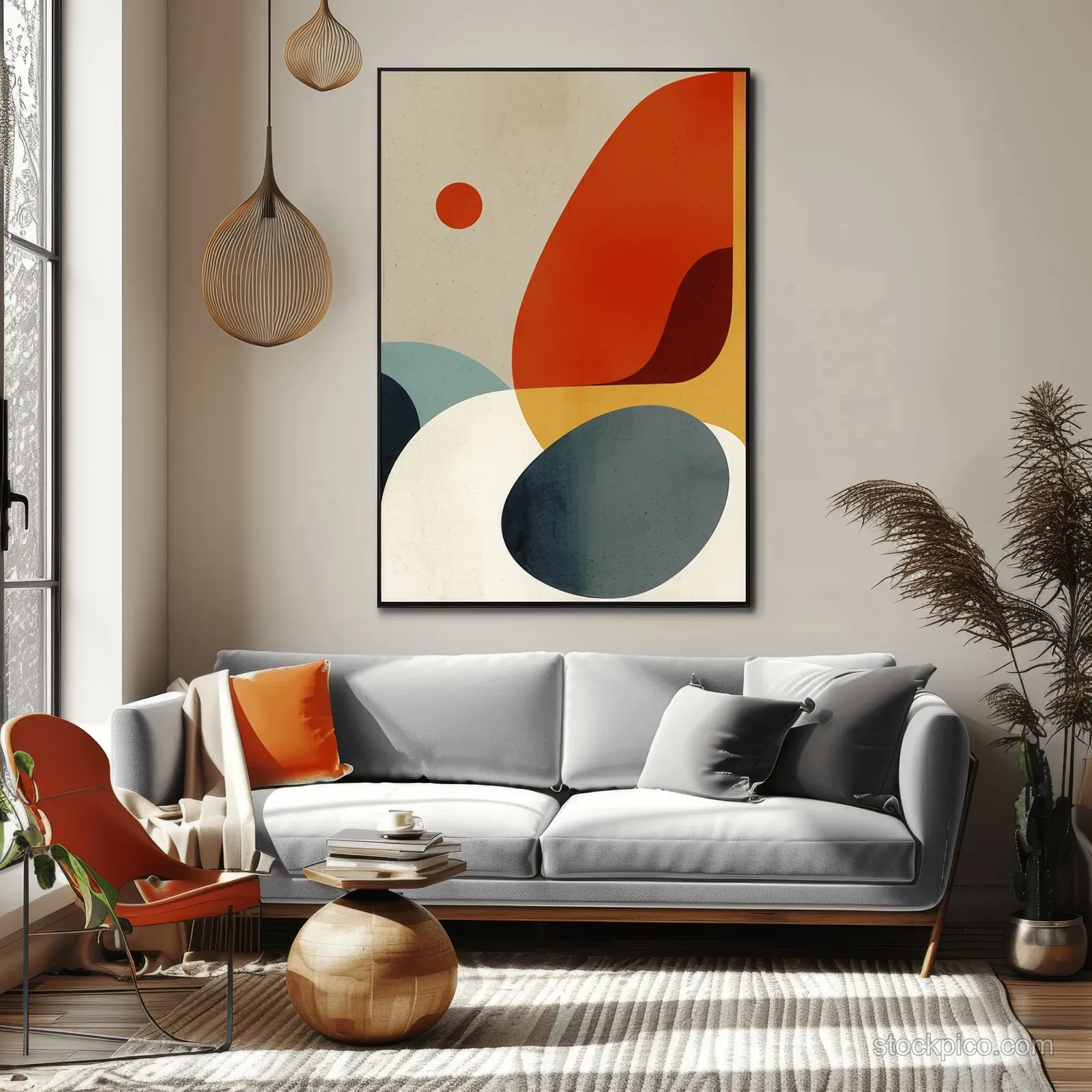 Scandinavian living room with blue armchair, wooden coffee table, striped rug, and large geometric art poster.