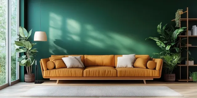 Cozy modern living room with a brown sofa, stylish floor lamp, and a calming green accent wall bathed in soft natural light.