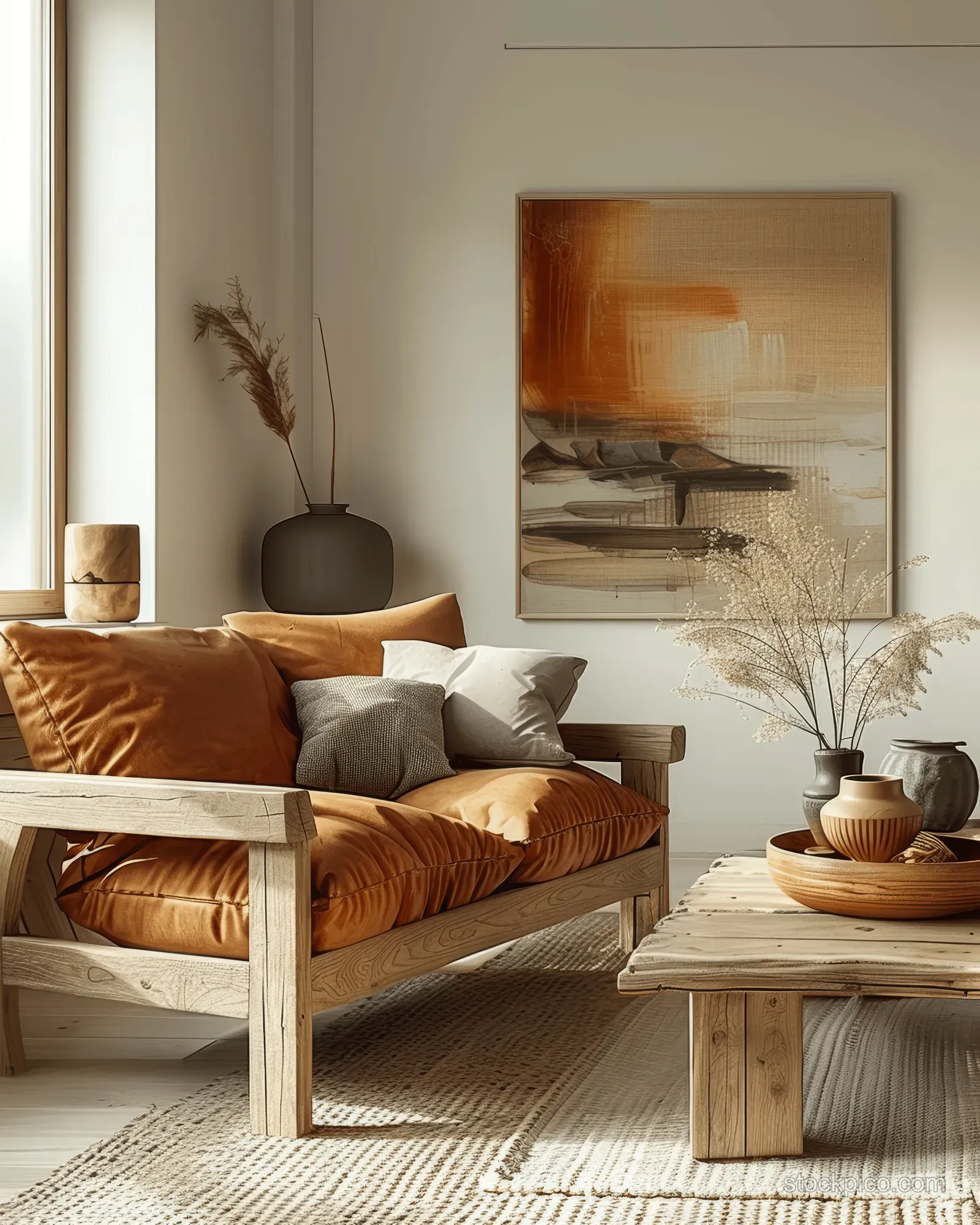 Terracotta sofa and wooden coffee table in a bright Nordic living room beside a framed abstract painting.