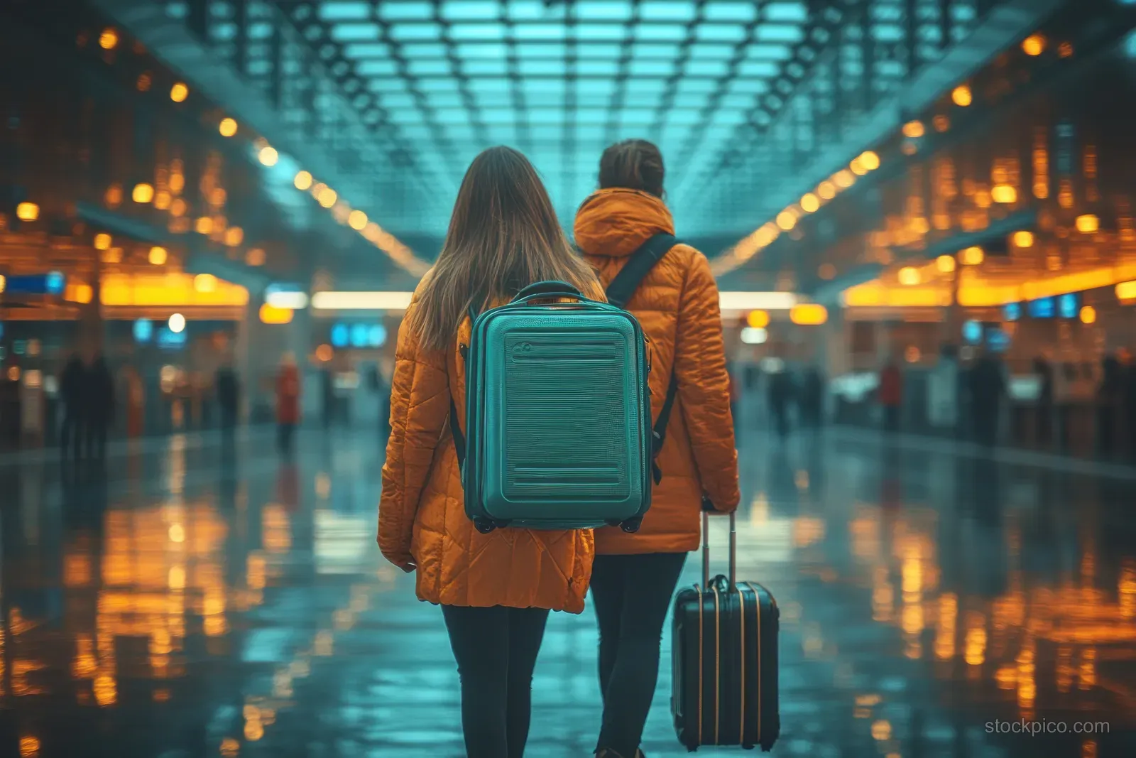 Two young women walk through an airport terminal holding teal suitcases under bright overhead lights.