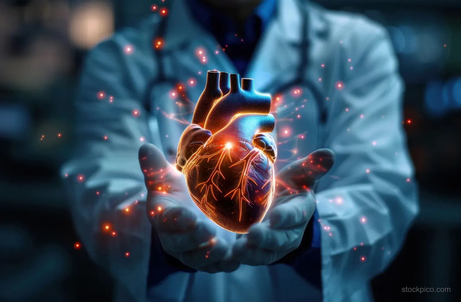 A doctor holds a glowing heart model with illuminated blood vessels amid dark futuristic medical lab effects.