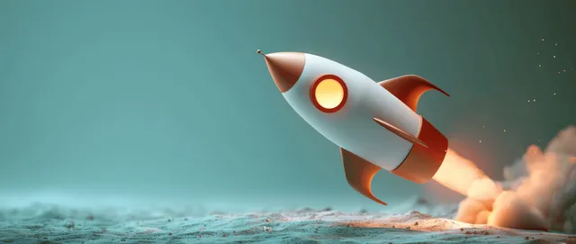 Playful cartoon rocket launching with glowing flames and swirling smoke on a teal background, evoking a whimsical space-travel theme.