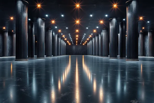 Empty symmetrical hall with dark cylindrical columns and a reflective polished floor lit by rows of ceiling lights.