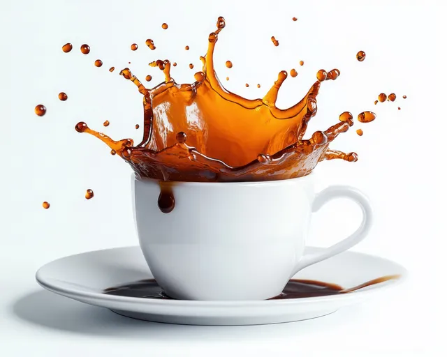 Brown coffee splashes out of a white ceramic cup onto a matching saucer against a white background.