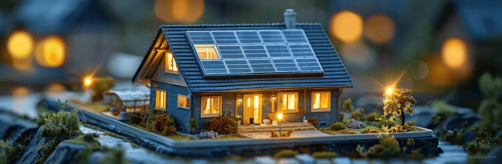 Cozy home at dusk with solar panels and an overlaid diagram of battery energy storage.