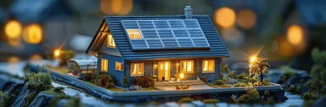 Cozy home at dusk with solar panels and an overlaid diagram of battery energy storage.
