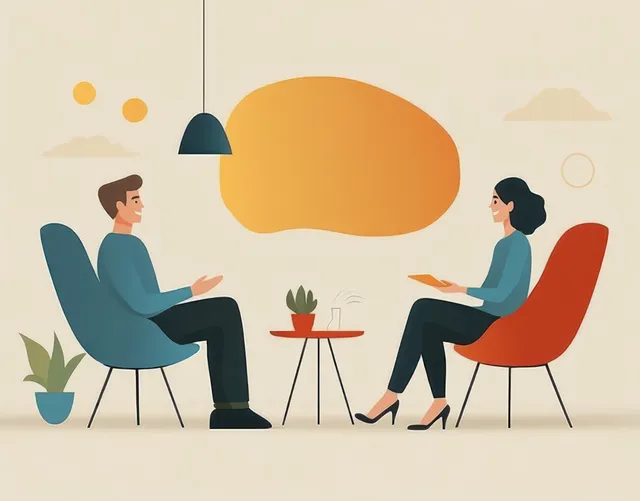 Two colleagues sit facing each other in modern chairs with floating speech bubbles during a calm discussion.