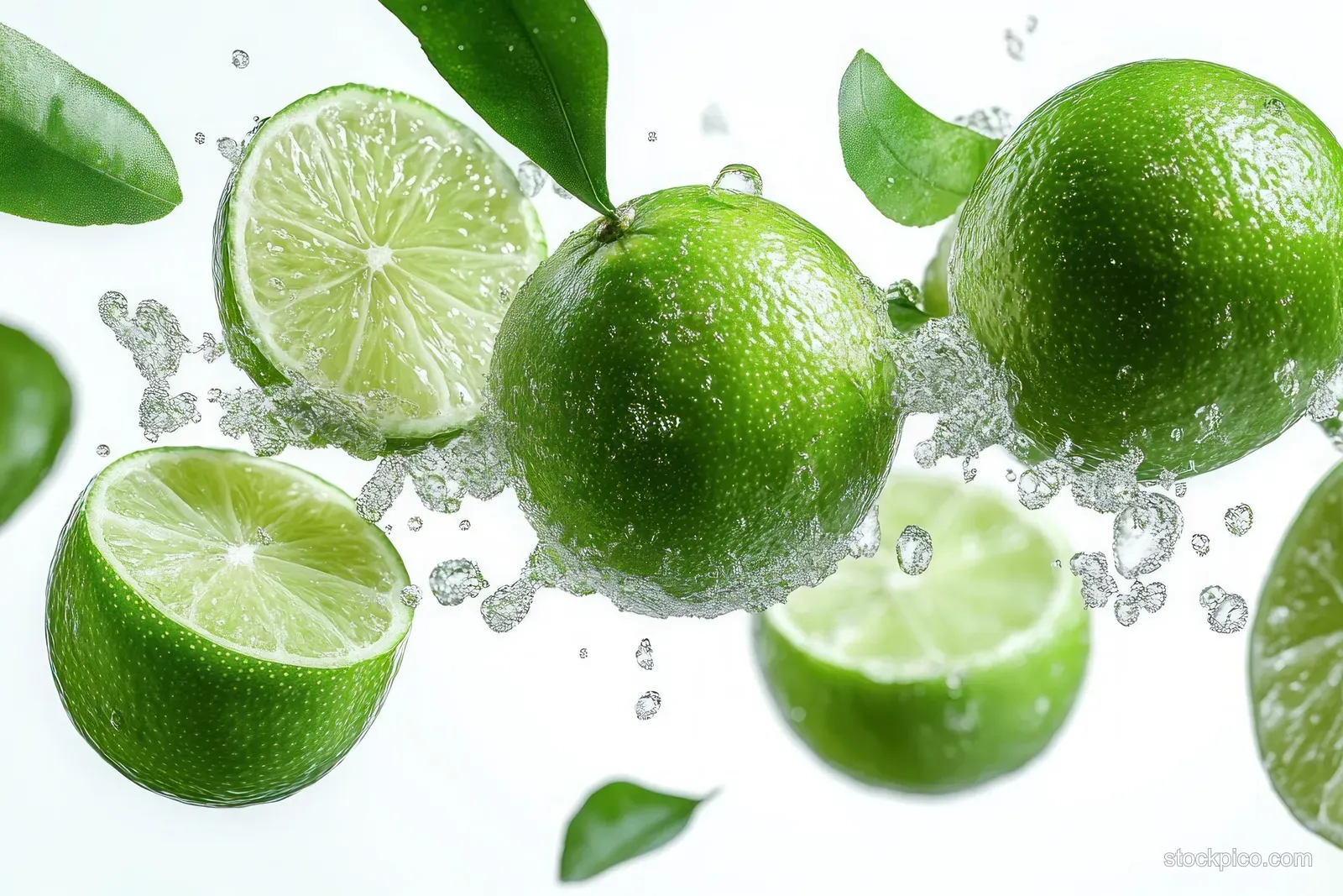 Whole and sliced limes with water splashes and green leaves isolated on a white background.
