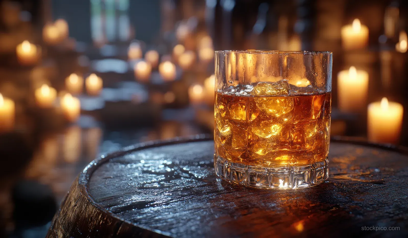 Amber whiskey in a glass rests on a dark wooden barrel table with candles glowing softly behind.