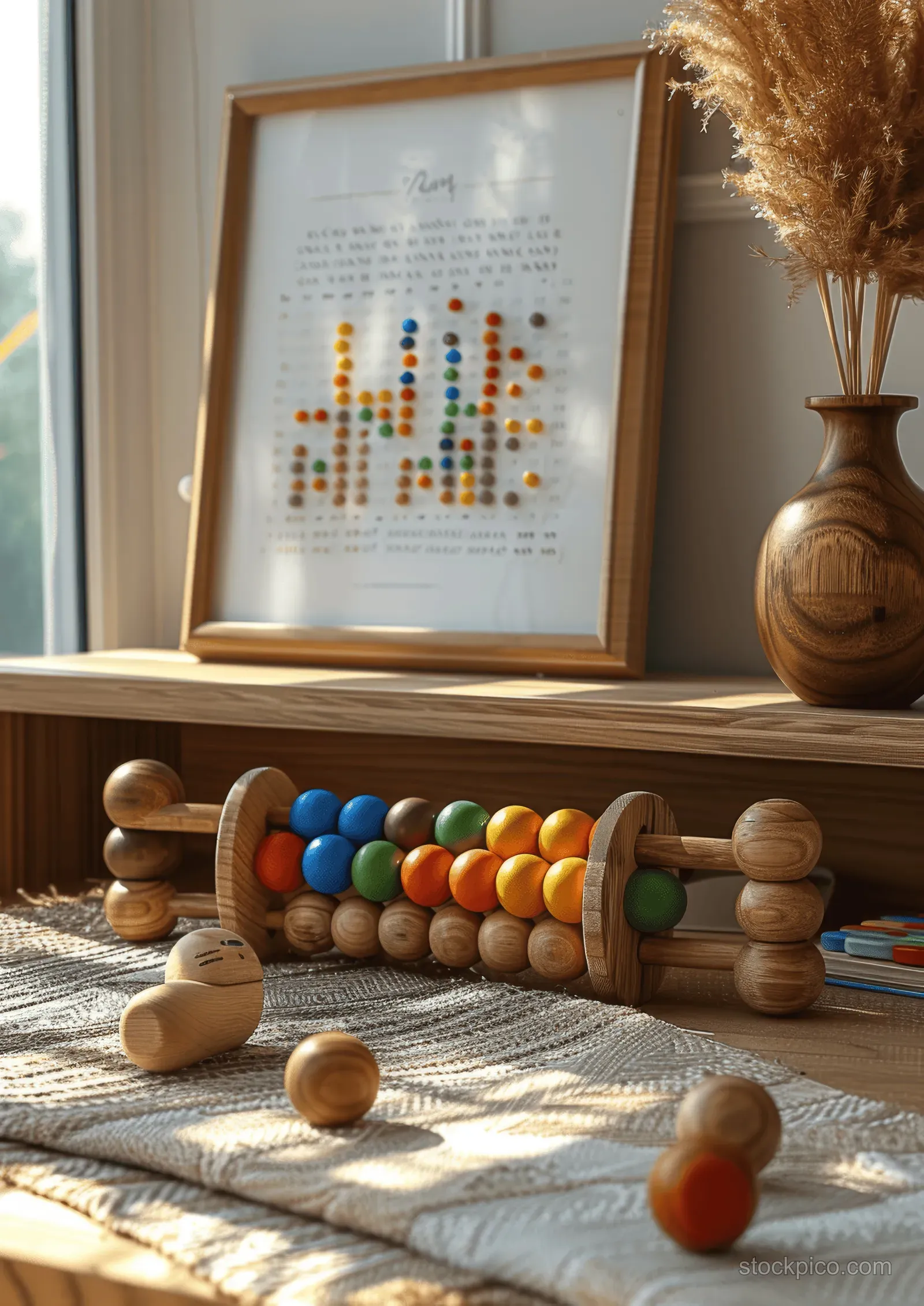 Wooden abacus toy and colorful counting beads rest on a rug in a minimalist nursery beside a framed board.