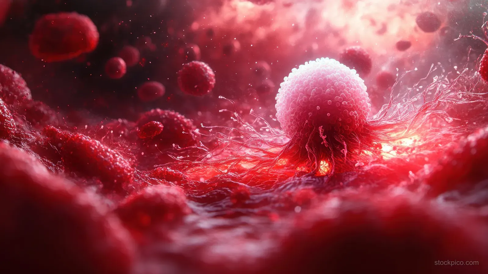 Glowing red macrophage surrounds viral particles as cytokine signals ripple through nearby blood cells.