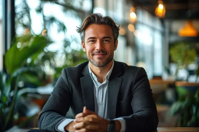 An Asian businessman smiles while using a tablet at a desk in a minimalist office with natural window light.