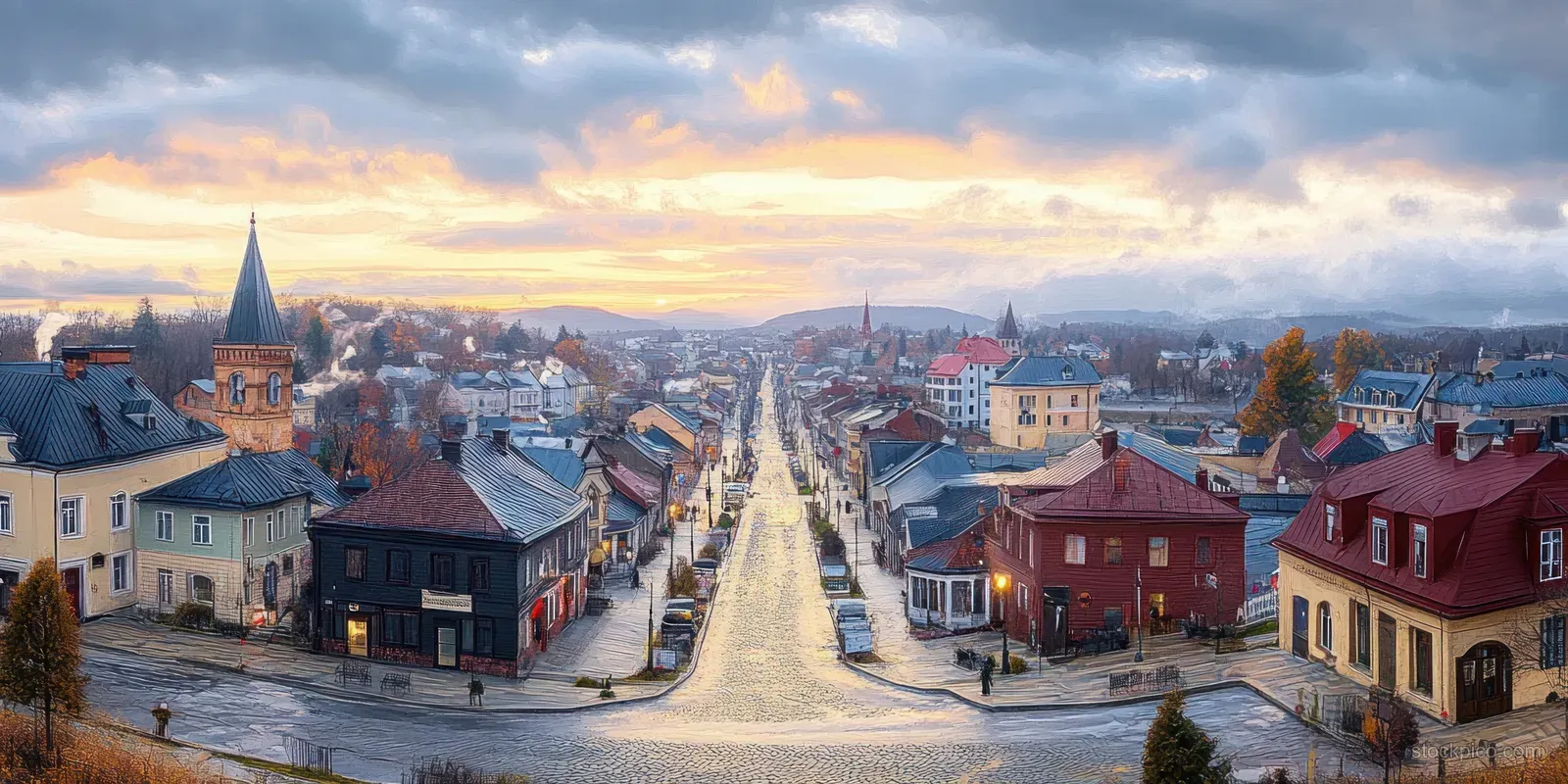 Aerial view of a European town at dawn with cobblestone streets, church spires, and mixed rooftops.