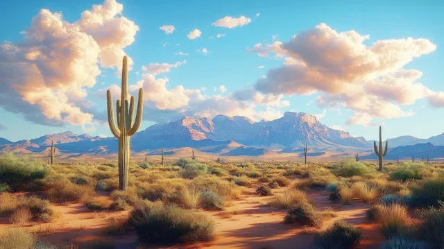 Sunlit desert scrub with tall saguaro cacti, sandy ground, distant mountains, and fluffy clouds under a blue sky.