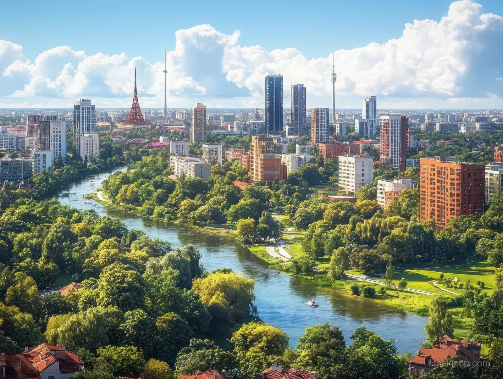 Wrocław skyline shows the Oder River curving through green parks under a clear blue sky.