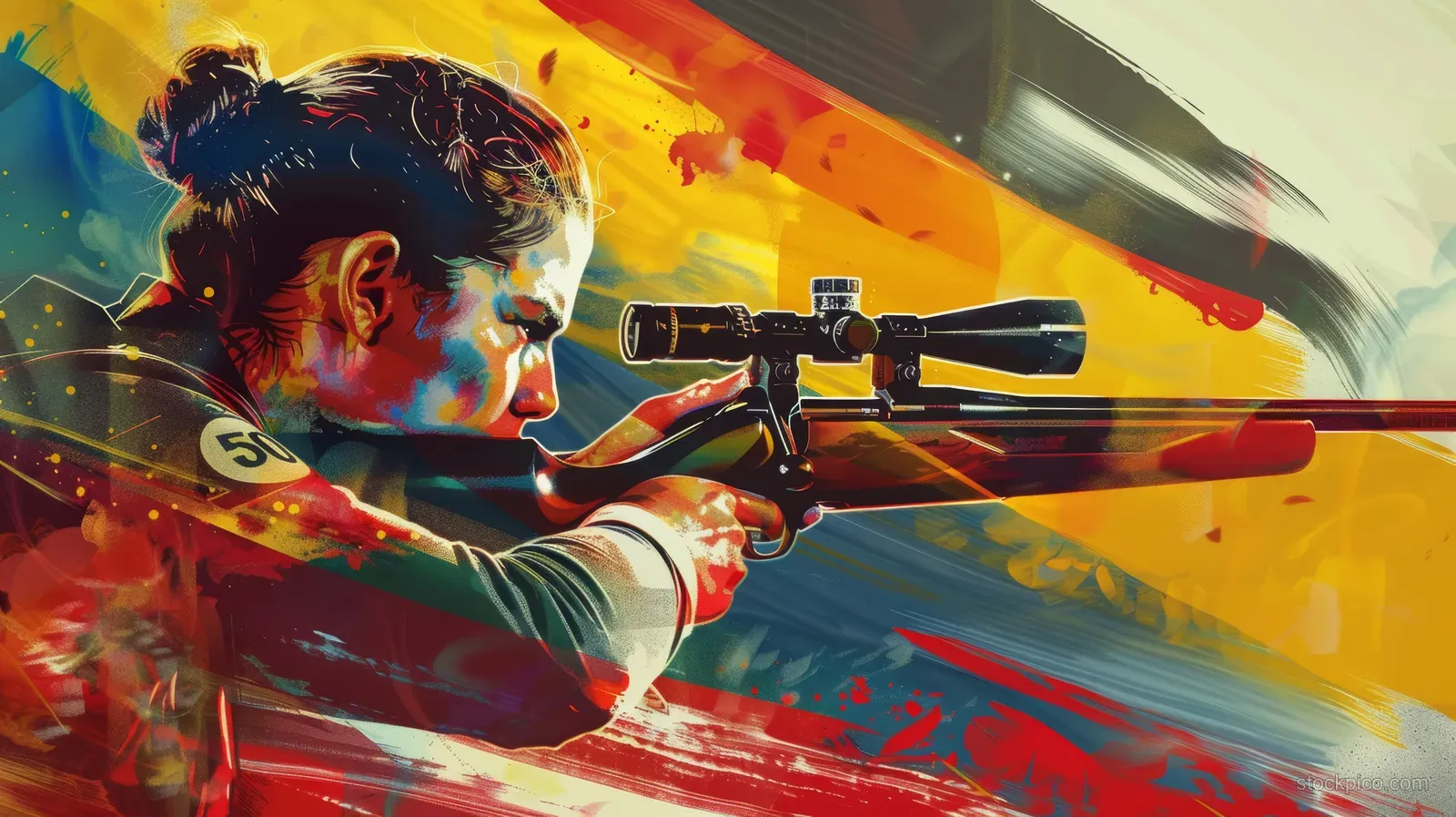 A 50m pistol shooter aims at a distant target against a colorful German flag background with motion blur.