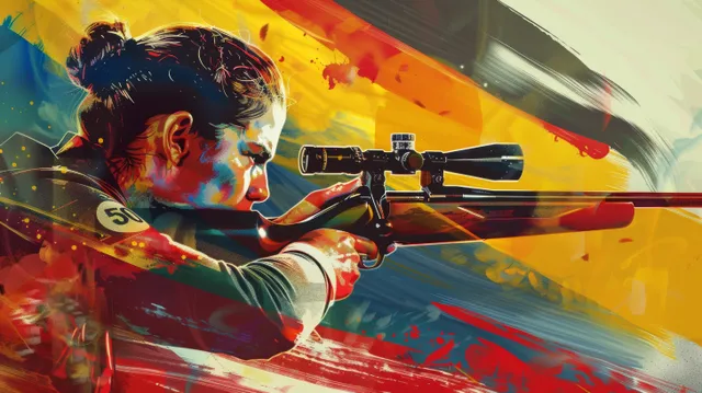 A 50m pistol shooter aims at a distant target against a colorful German flag background with motion blur.