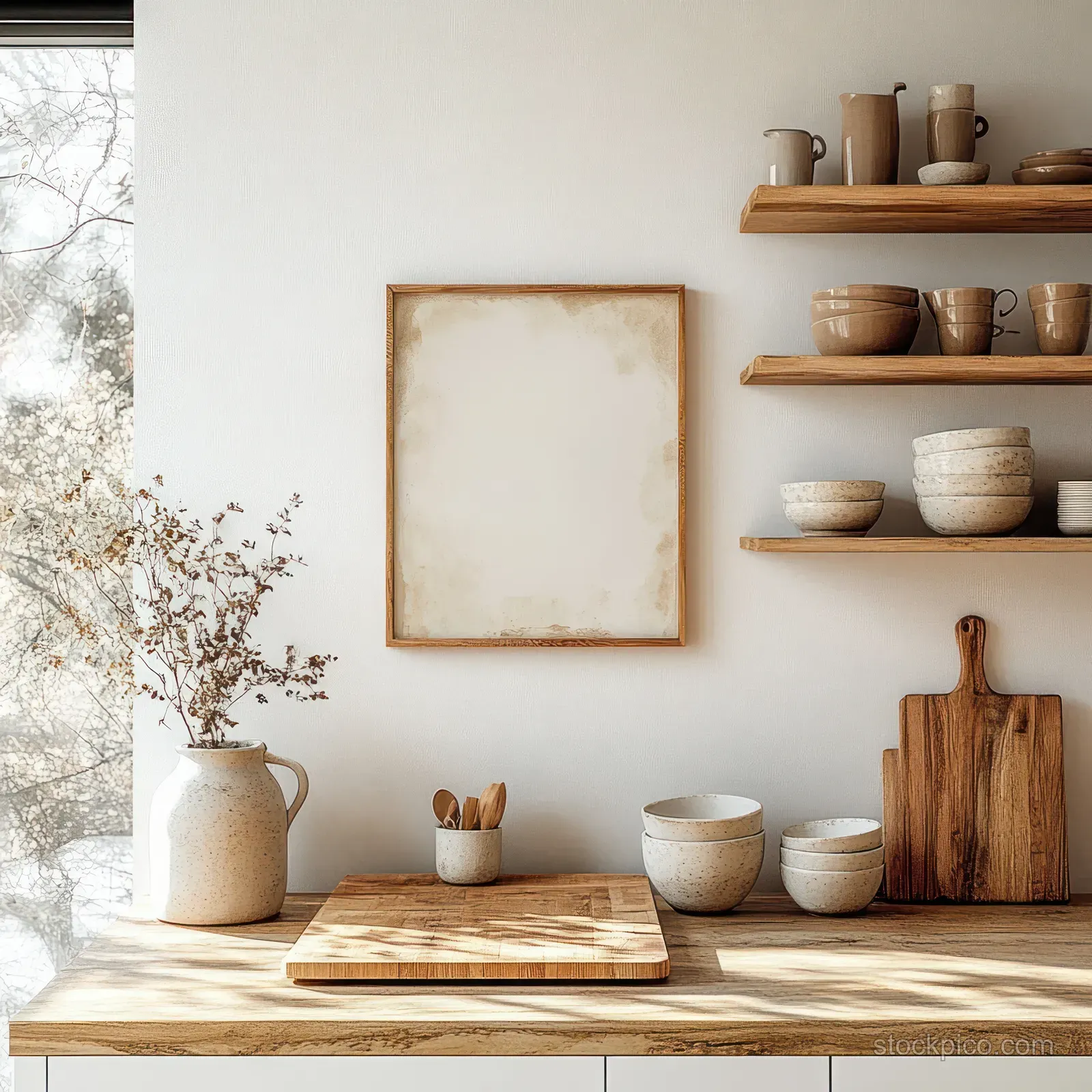 Minimalist kitchen countertop with ceramic cups and dishes, wooden cutting boards, dried flowers, and an empty aged frame on a white wall.