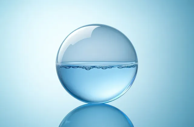 Glass-like blue water droplet sphere with a thin rippling water line and reflection