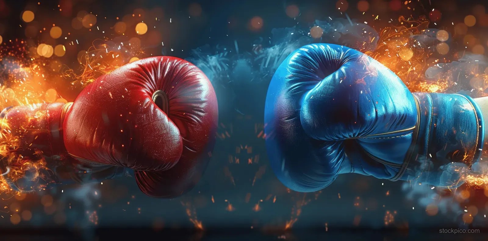 Red and blue boxing gloves collide in a fiery, smoky political showdown scene.