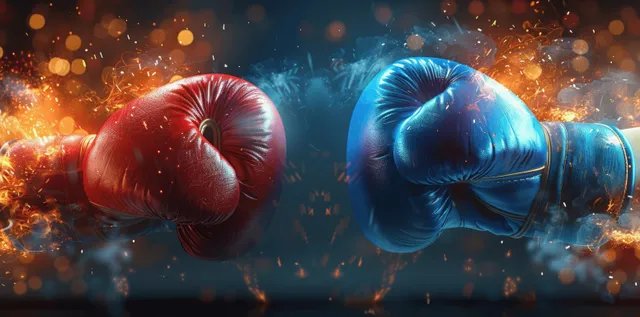 Red and blue boxing gloves collide in a fiery, smoky political showdown scene.