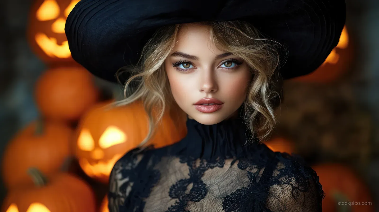 Young woman in black lace and a wide hat posing before glowing carved pumpkins lit with warm candlelight.