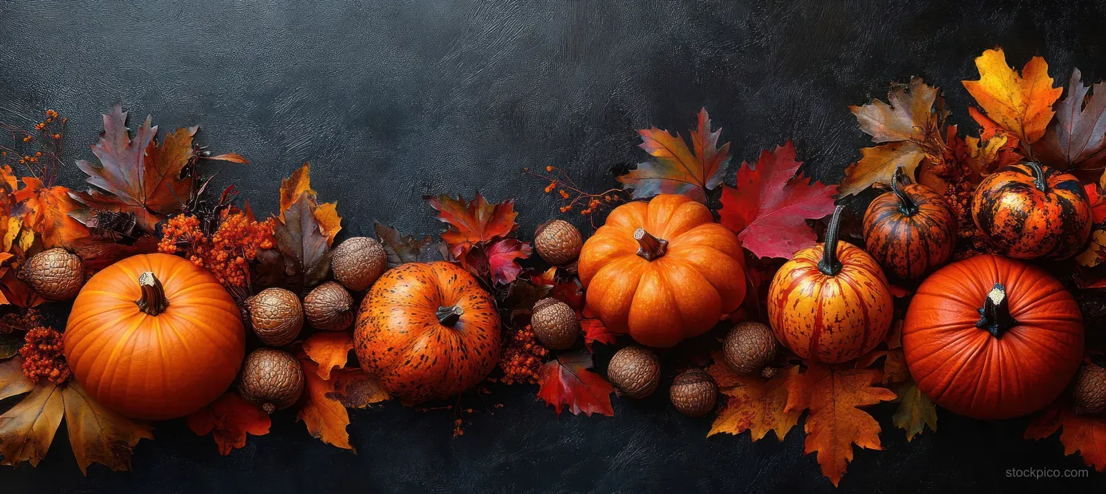 Pumpkins and acorns with fallen autumn leaves arranged on a dark textured background.