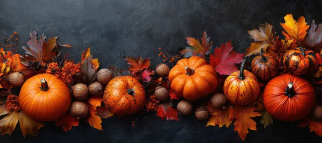 Pumpkins and acorns with fallen autumn leaves arranged on a dark textured background.
