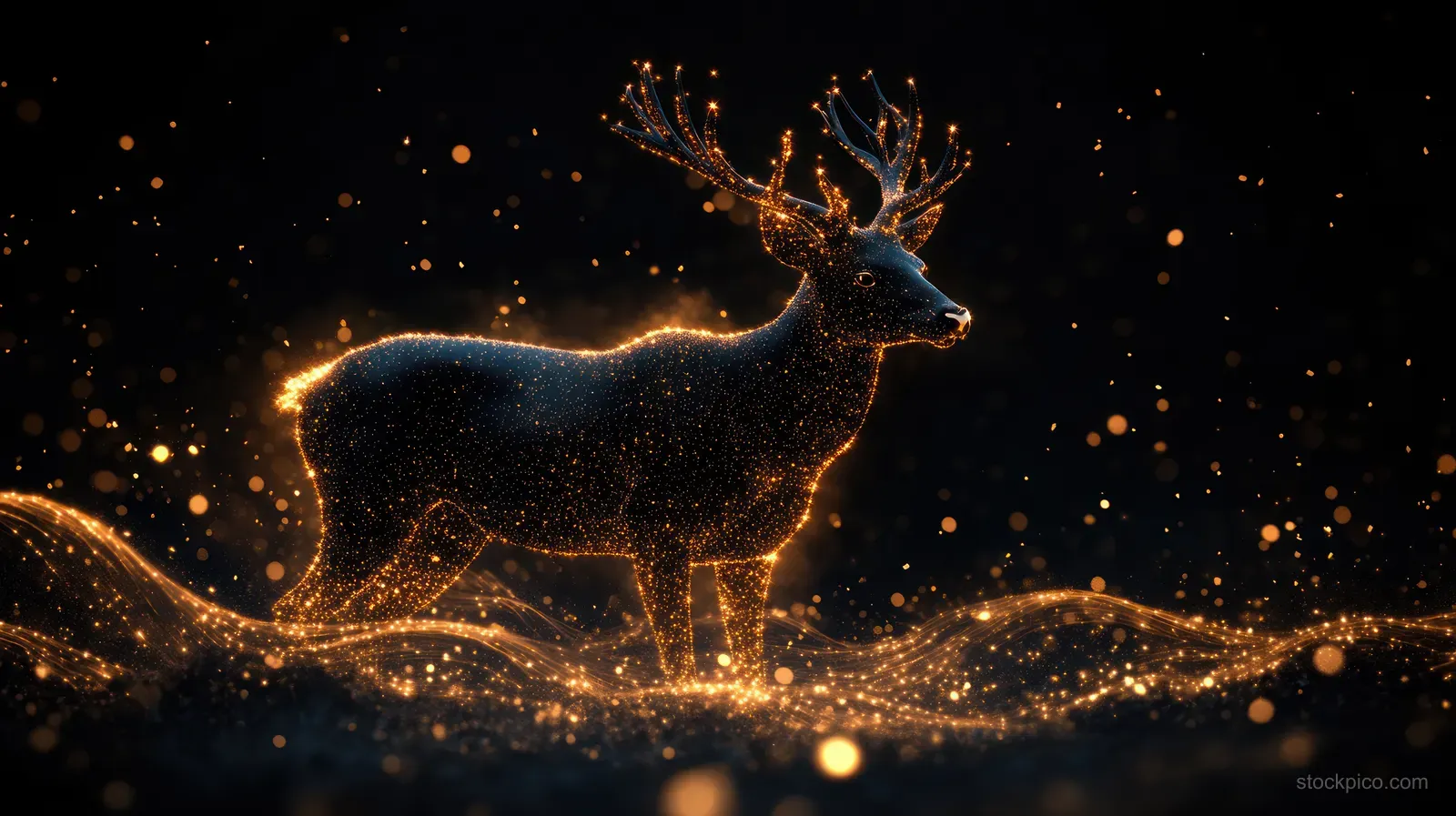 A black deer stands in glowing gold particles against a dark background.