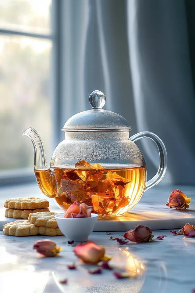 Glass teapot steeping orange flower tea on marble beside dried rosebuds and stacked cookies in window light.