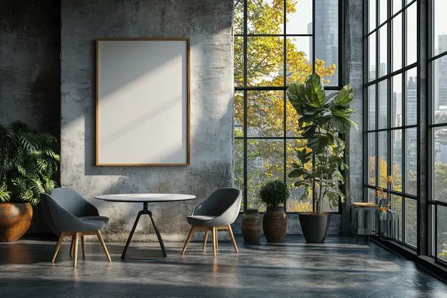 Minimalist office corner with a blank framed picture, small table and chairs, and bright light from large windows.