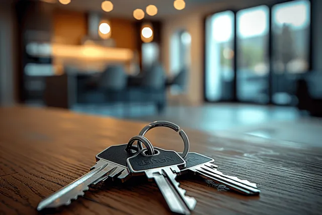 Metal keys resting on wooden table with softly lit apartment kitchen living room behind with Shallow Depth Of Field