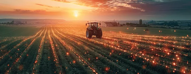 Tractor in a green farm field at sunrise with a digital overlay indicating crop health and weather patterns.
