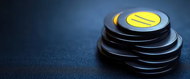 A stacked set of dark crypto tokens sits on a dark blue surface with a glowing yellow center coin.