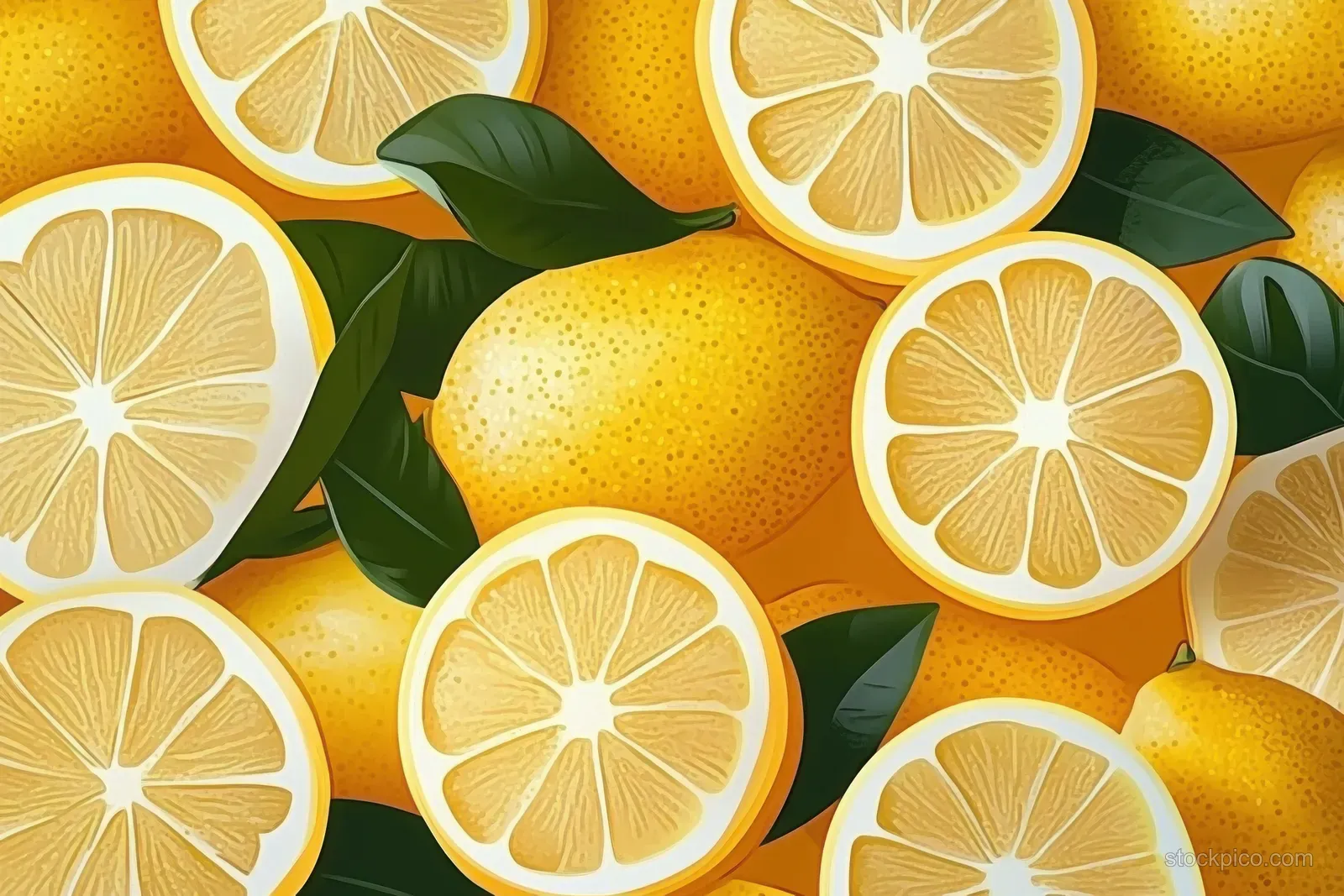 Seamless pattern of lemon slices and scattered green leaves on a warm golden background.