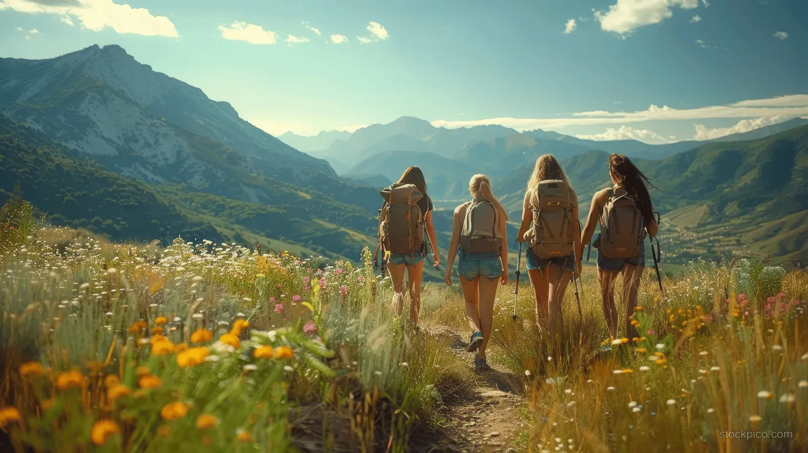 Friends hike along a mountain trail lined with wildflowers beneath a bright summer sky.