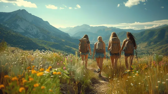 Friends hike along a mountain trail lined with wildflowers beneath a bright summer sky.