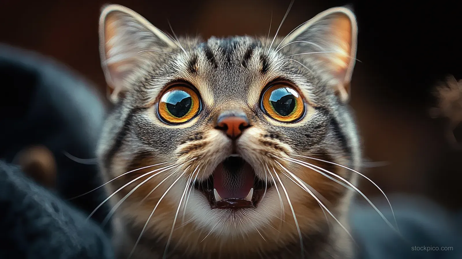 Surprised tabby cat faces the camera with wide yellow eyes, open mouth, and visible whiskers.