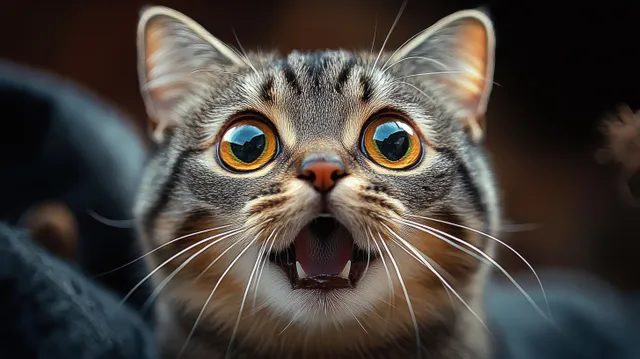 Surprised tabby cat close-up with wide yellow eyes, open mouth, and whiskers