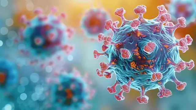 3D coronavirus cell with spiky surface and red immune response markers against a teal microscopic background.