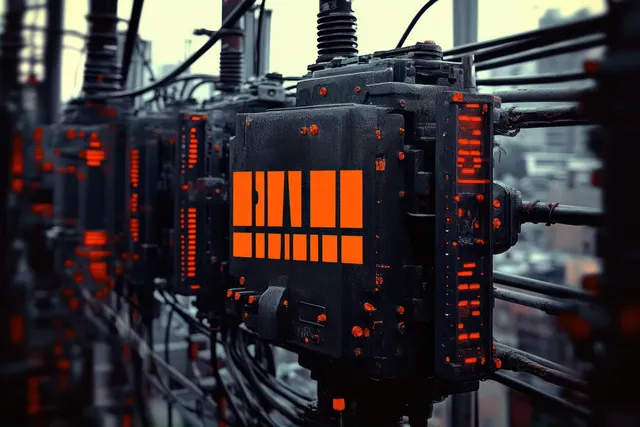 Black electrical control boxes with glowing orange indicators mounted on a rail with bundled cables in an indoor industrial room.