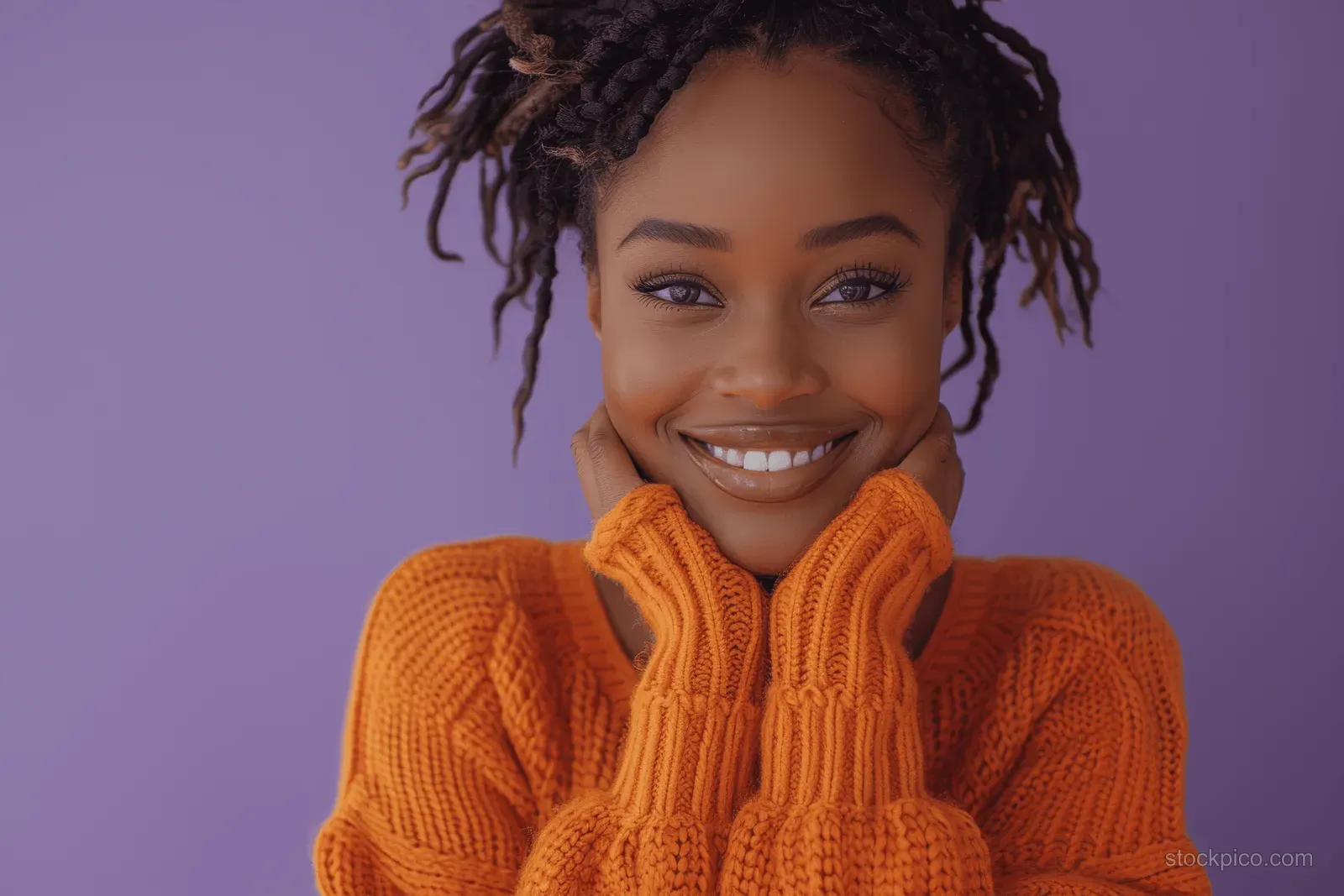 Smiling woman in an orange knit sweater with braided hair against a solid purple background.