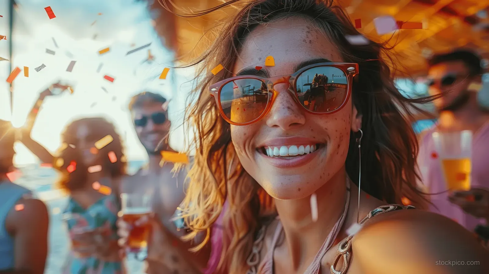 Smiling woman in sunglasses holds a drink as confetti bursts through the air at a sunset music festival.