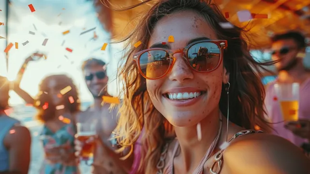 Smiling woman wearing sunglasses holding a drink as confetti fills sunset music festival crowd