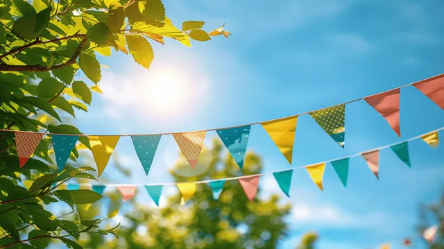 Colorful summer bunting strung between green tree leaves under bright blue sky with copy space