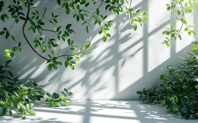 Sunlit window shadow pattern of tree leaves cast across a white wall indoors