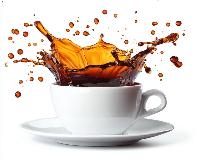 Dark coffee splash bursts from white ceramic cup onto matching saucer, frozen droplets