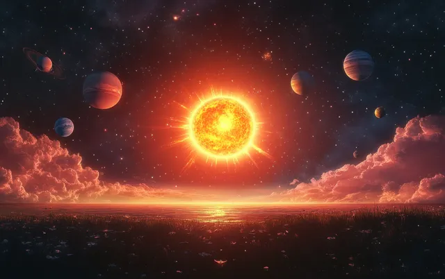 A glowing sun in deep space with multiple planets orbiting above a fiery nebula horizon.