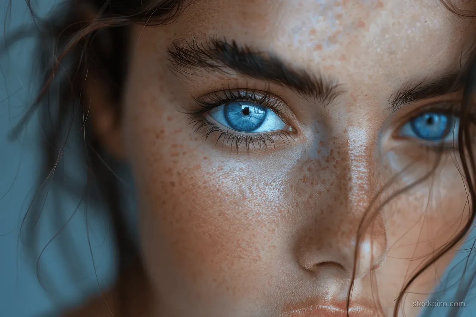 Freckled face in close-up with bright blue eyes and visible skin texture against a soft blurred background.